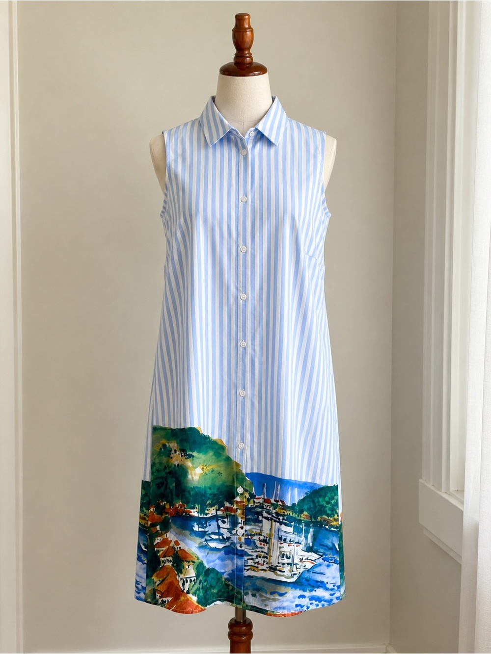 Tommy Hilfiger 100% Cotton Striped Boat/Town Scenic Print Sleeveless Dress 4